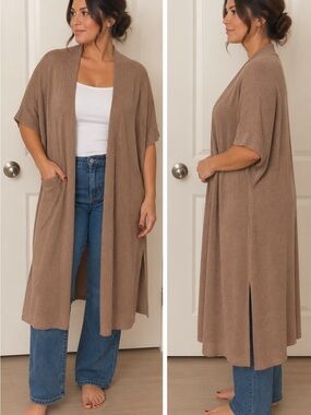 Addition Elle Taupe Long Open Front Duster Cardigan Plus Size X